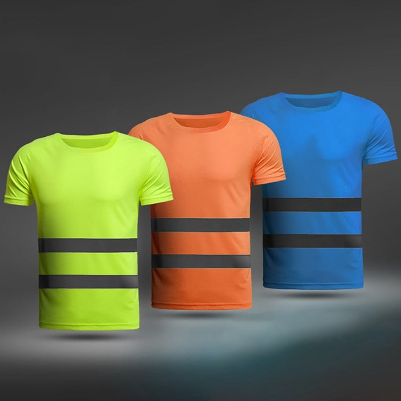 Summer Reflective t shirt Fluorescent Yellow Orange High Visibility Safety Work Running Shirt Breathable Work t shirt for men|Running T-Shirts|