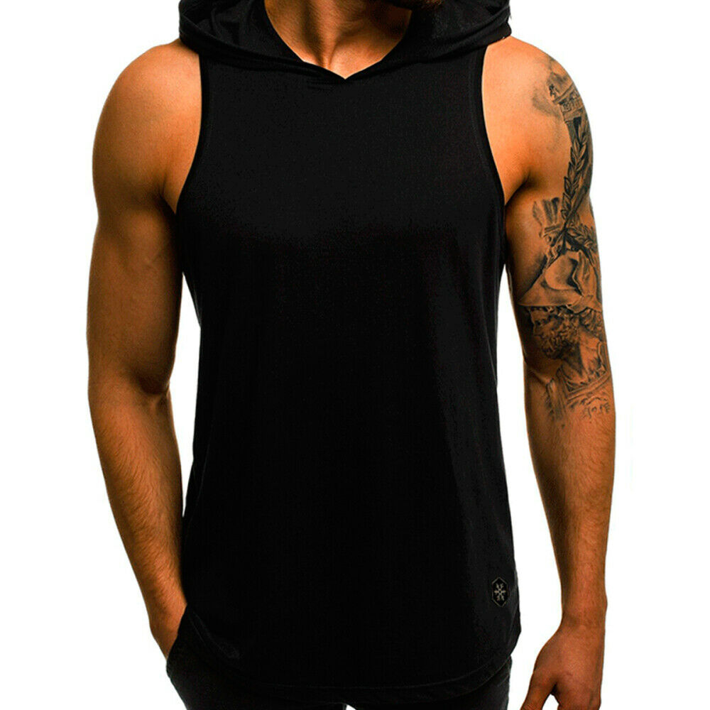 Men‘s Muscle Hoodie Tank Top Bodybuilding Gym Workout Sleeveless Vest T-shirt