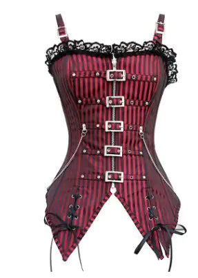 VelvetLine Gothic Buckle Lace-Up Corset in Red stripe, front view
