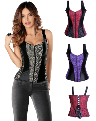 VelvetLine Boned Lace Corset Top - Grey, Red, Purple colorways on model