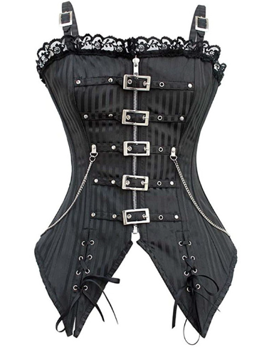VelvetLine Gothic Buckle Lace-Up Corset in Black, front view
