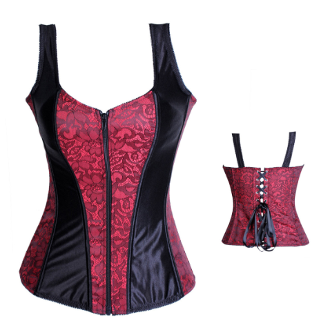 VelvetLine Boned Lace Corset Top - Red colorway front and back view