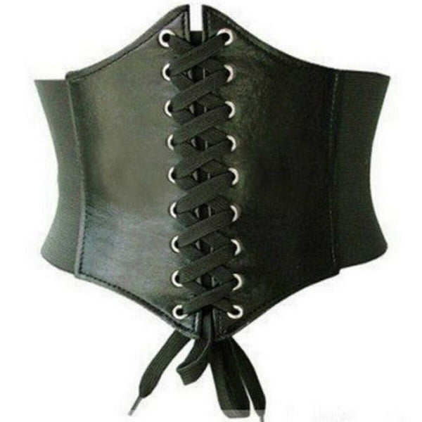 Leather Waist Belt Cincher Corset Black Wide Band Elastic Tied Waspie One Size