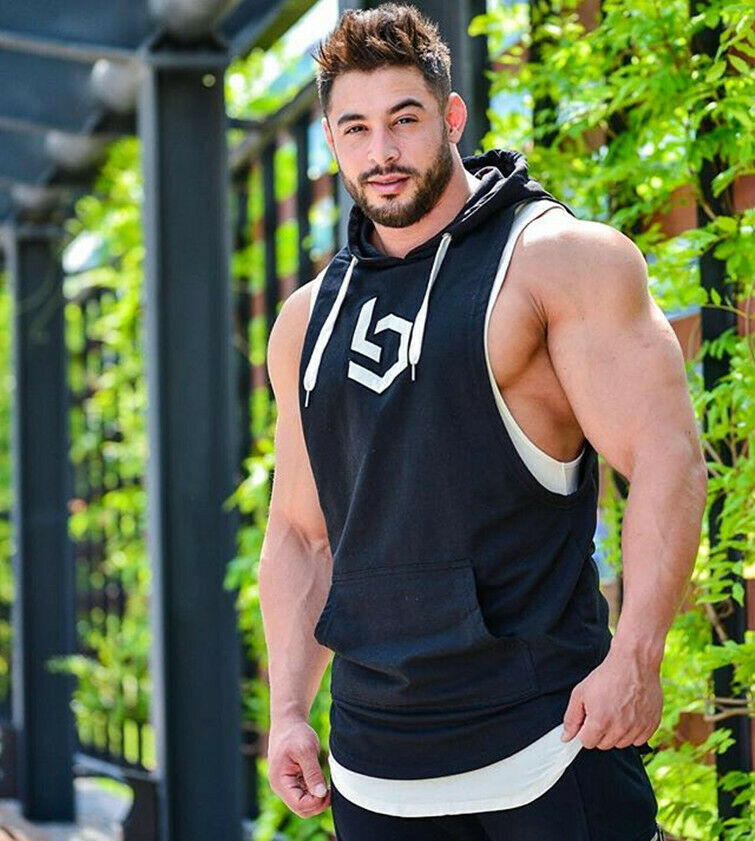 Men Sleeveless Hoodie Hooded Workout Gym Training Tank Top Running Bodybuilding