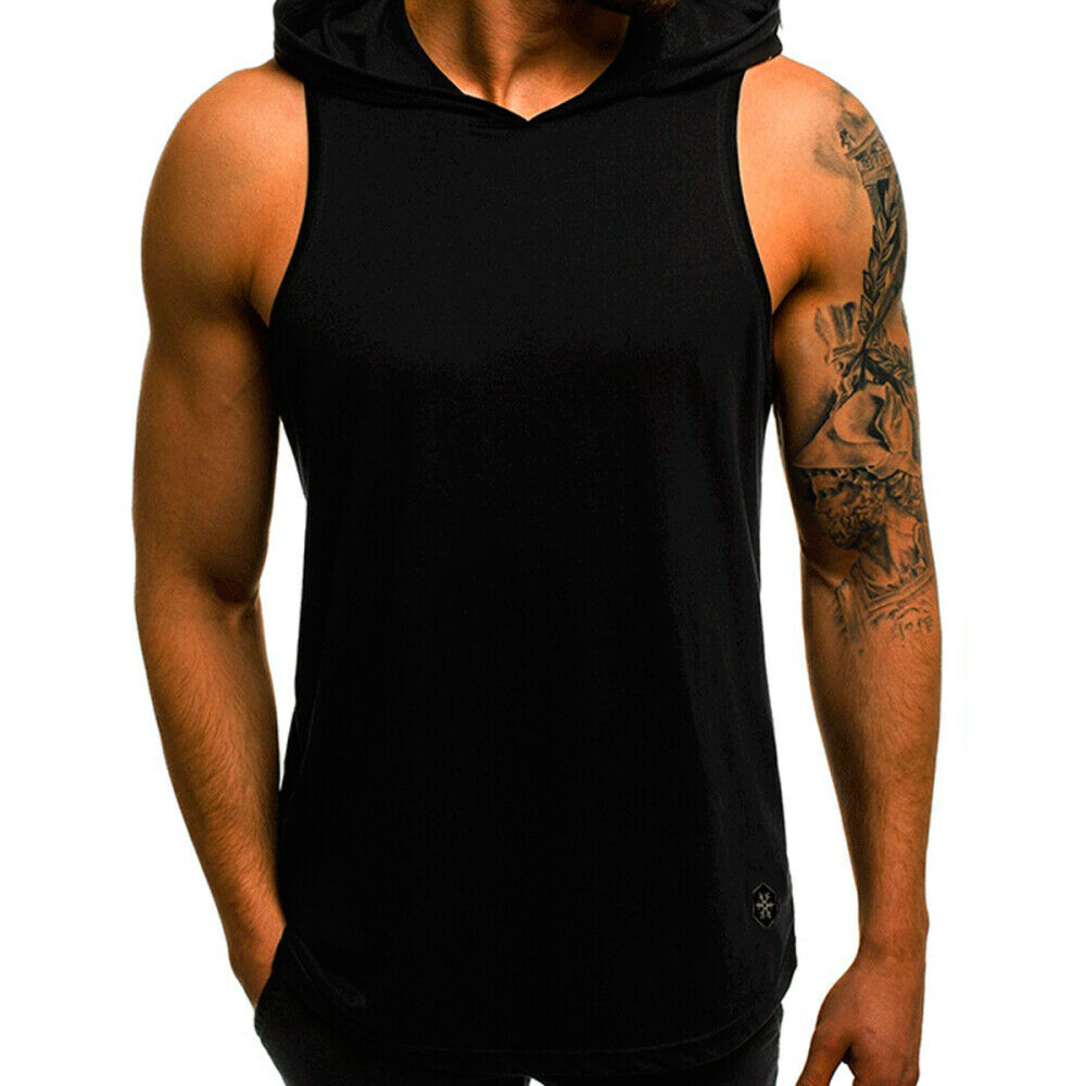 Men‘s Muscle Hoodie Tank Top Bodybuilding Gym Workout Sleeveless Vest T-shirt 