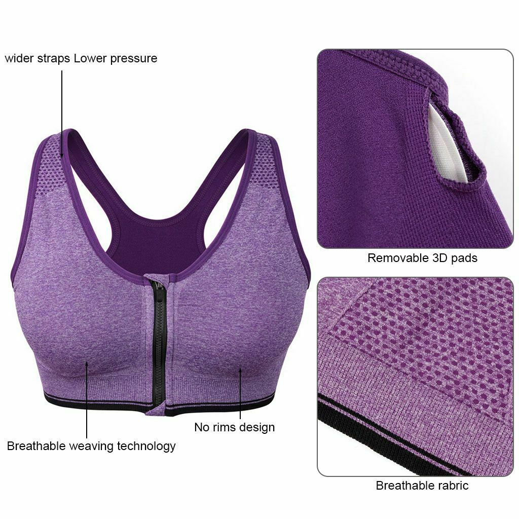 Women Zipper Stretch Sports Bra Running Gym Yoga Padded Fitness Workout Top Tank