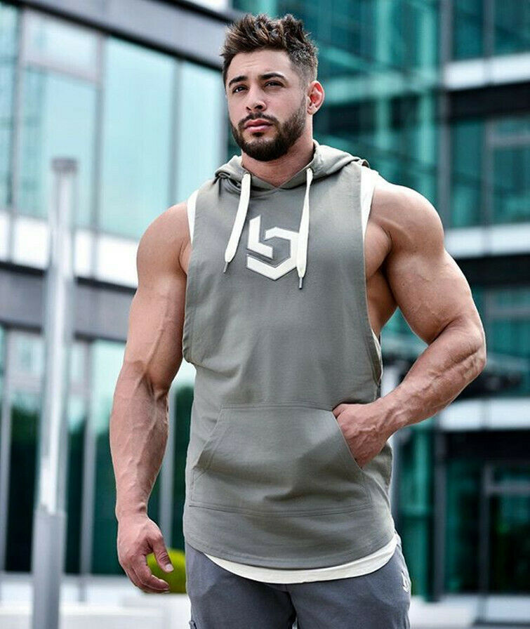 Men Sleeveless Hoodie Hooded Workout Gym Training Tank Top Running Bodybuilding