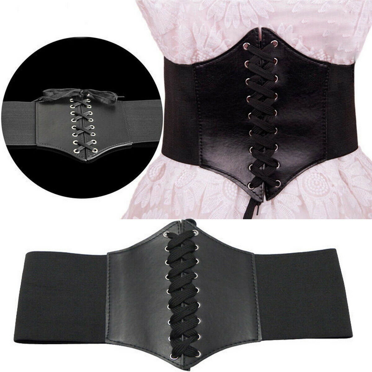 Leather Waist Belt Cincher Corset Black Wide Band Elastic Tied Waspie One Size